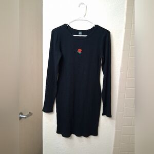 Black Long Sleeve Dress with Rose Embroidery